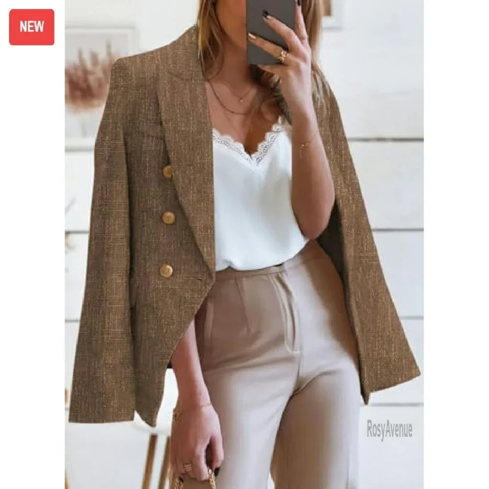 Tweed Blazer Double Breasted Long Sleeve Open Front Work Office - Picture 3 of 8